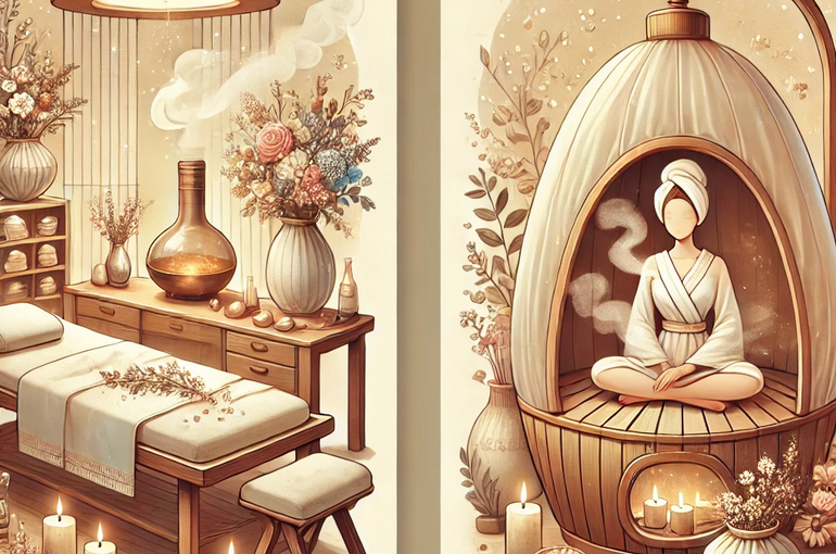 DALL·E 2025-01-23 13.39.26 - An inviting spa illustration showcasing two relaxing treatments_ hot aroma therapy and a yomegi steam session. The scene includes a cozy massage table
