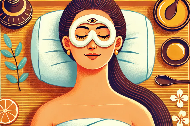 DALL·E 2025-02-01 10.29.03 - An illustration of a woman undergoing Netra Basti, an Ayurvedic eye treatment. She is lying down with a ring of dough around her eyes, filled with war