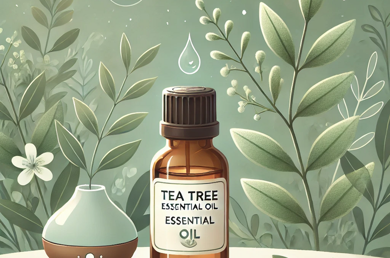 DALL·E 2025-01-26 16.06.12 - A charming illustration of tea tree essential oil, featuring a small amber glass bottle labeled 'Tea Tree Oil,' surrounded by tea tree leaves and bran