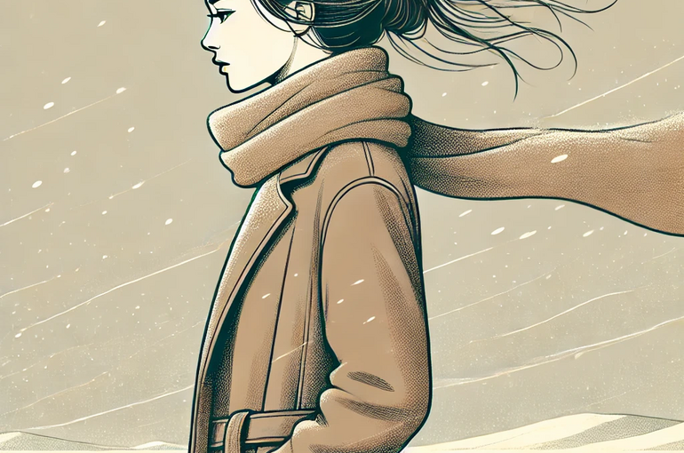 DALL·E 2025-01-29 11.52.16 - A natural side-view illustration of a woman standing in the cold wind. She wears a long coat and scarf, with her hair gently swept by the wind. Her po