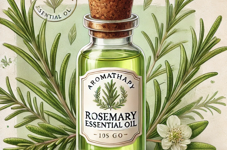 DALL·E 2025-01-29 12.49.37 - A natural-style illustration of a rosemary essential oil bottle with a custom logo on the label. The small glass bottle has a cork stopper and contain
