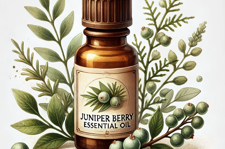 DALL·E 2025-01-30 16.52.00 - A natural-style illustration of a Juniper Berry essential oil bottle. The bottle is amber-colored with a simple, rustic label featuring juniper berrie
