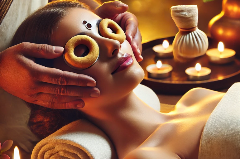 DALL·E 2025-01-31 14.24.26 - A woman experiencing Netra Basti, an Ayurvedic eye treatment. A dough ring made of wheat flour is carefully placed around her eyes, creating a barrier