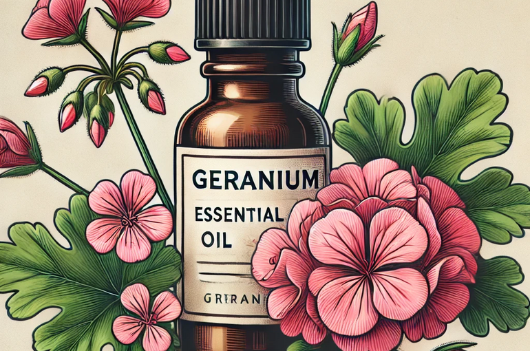 DALL·E 2025-02-01 10.11.41 - A detailed illustration of a Geranium essential oil bottle with the name 'Geranium' clearly written on the label. The bottle is surrounded by blooming