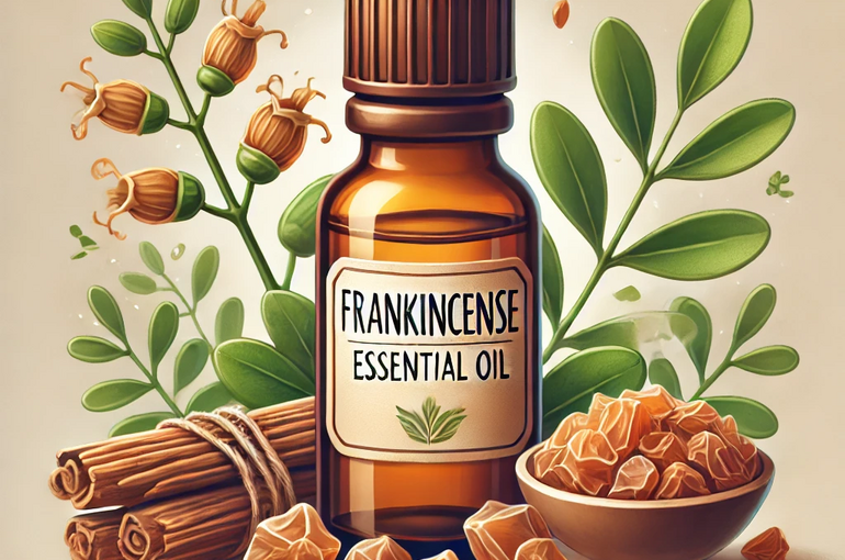 DALL·E 2025-02-03 12.38.10 - A natural-style illustration of a frankincense essential oil bottle with the name 'Frankincense' clearly labeled on it. The bottle is amber-colored wi